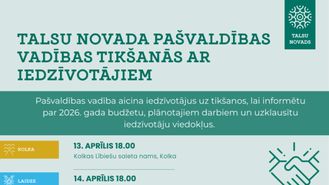 Gaiši pelēks informatīvs plakāts ar Talsu novada logotipu un virsrakstu: „Talsu novada pašvaldības vadības tikšanās ar iedzīvotājiem”. Zem virsraksta teksts: „Pašvaldības vadība aicina iedzīvotājus uz tikšanos, lai informētu par 2026. gada budžetu, plānotajiem darbiem un uzklausītu iedzīvotāju viedokļus.” Plakātā norādīts tikšanos grafiks: 13. aprīlī plkst. 18.00 Kolkas Lībiešu saieta namā, Kolkā; 14. aprīlī plkst. 18.00 Laidzes brīvā laika pavadīšanas centrā, Laidzē; 20. aprīlī plkst. 18.00 Tiņģeres muižā,
