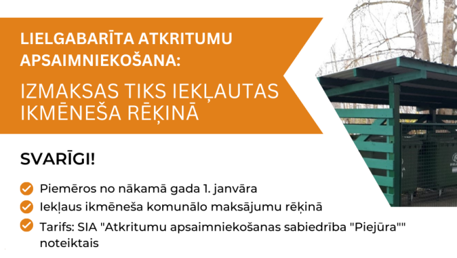 Lielgabarīta atkritumu apsaimniekošanas izmaksas iekļaus ikmēneša rēķinā