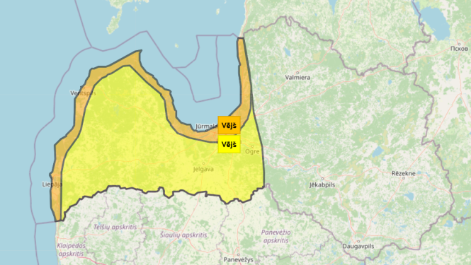 Oranžais brīdinājums. Piekrastē gaidāmas vēja brāzmas līdz 28 ms