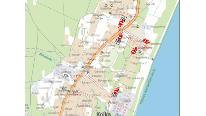 Satiksmes organizācijas shēma būvdarbu laikā pie Kolkas tautas nama – laukums slēgts