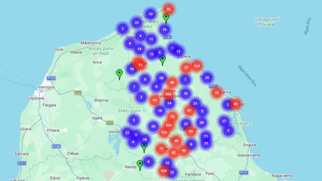 Interaktīvas uzņēmumu kartes ekrānattēls, kurā redzams Talsu novads un apkārtējā teritorija ar daudziem krāsainiem punktu grupējumiem, kas apzīmē uzņēmumu koncentrāciju dažādās novada vietās