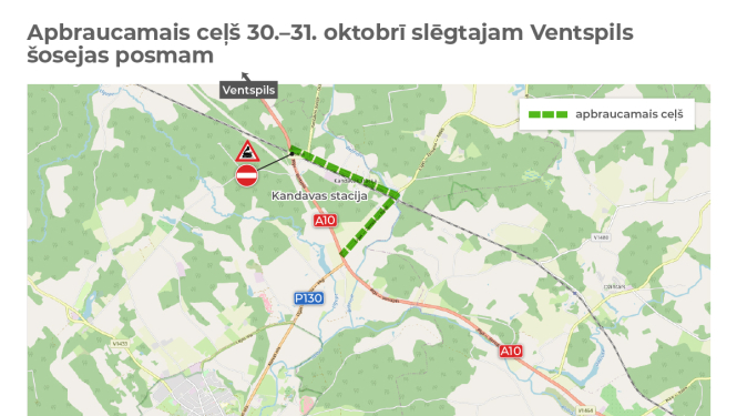 30.–31. oktobrī slēgta pārbrauktuve uz Ventspils šosejas pie Kandavas stacijas, apbraukšana pa vietējiem ceļiem