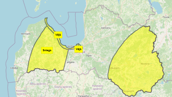 Latvijas rietumu daļā gaidāma spēcīga snigšana un līča piekrastē vēja brāzmas