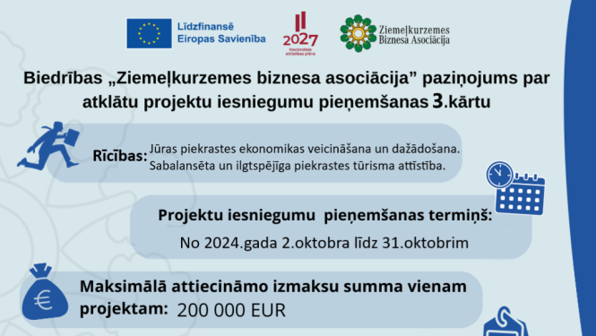 Biedrības „Ziemeļkurzemes biznesa asociācija” paziņojums par atklātu projektu iesniegumu pieņemšanas 3. kārtu