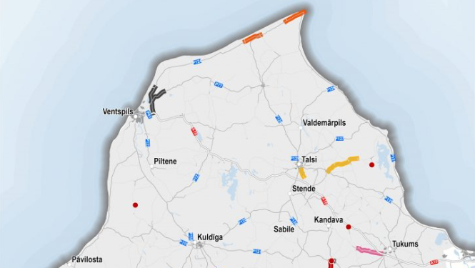 Kurzemes plānošanas reģionā iecerēto valsts ceļu būvdarbu karte