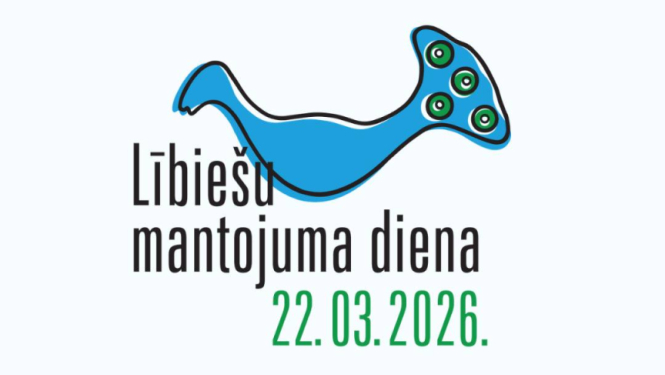 Grafiska zīme “Lībiešu mantojuma diena” ar stilizētu zilu jūras radījumu un uzrakstu “22.03.2026.” uz gaiša fona.