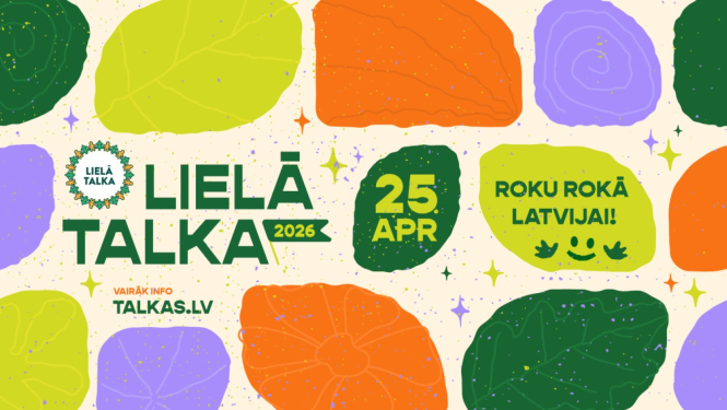 Uzraksts "Lielā talka 2025, 25. aprīlī" ar krāsainiem laukumiem kā dekorāciju