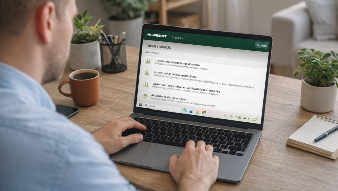 Vīrietis sēž pie rakstāmgalda un datorā aplūko Lursoft statistikas lapu par Talsu novadu; uz galda redzama kafijas krūze, piezīmju bloks un telpaugi.