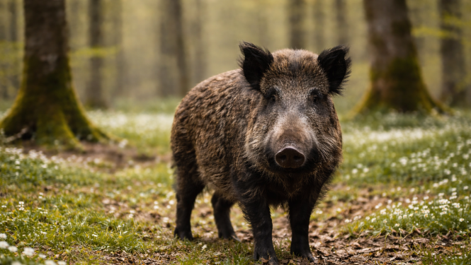 Mežacūka stāv pavasarīgā mežā uz zemes, ko klāj zāle, sausas lapas un sīki balti ziedi. Fonā redzami koki ar viegli izplūdušu, gaiši zaļu pavasara noskaņu.