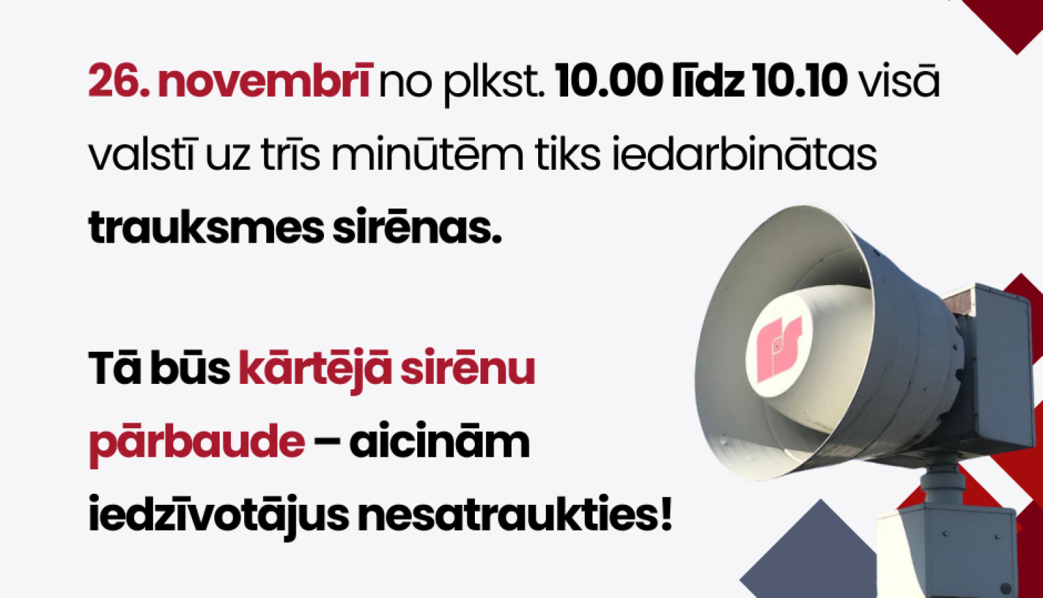 26. novembrī pārbaudīs trauksmes sirēnas