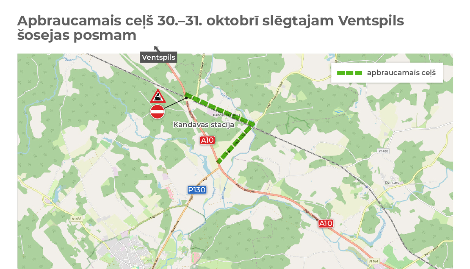30.–31. oktobrī slēgta pārbrauktuve uz Ventspils šosejas pie Kandavas stacijas, apbraukšana pa vietējiem ceļiem