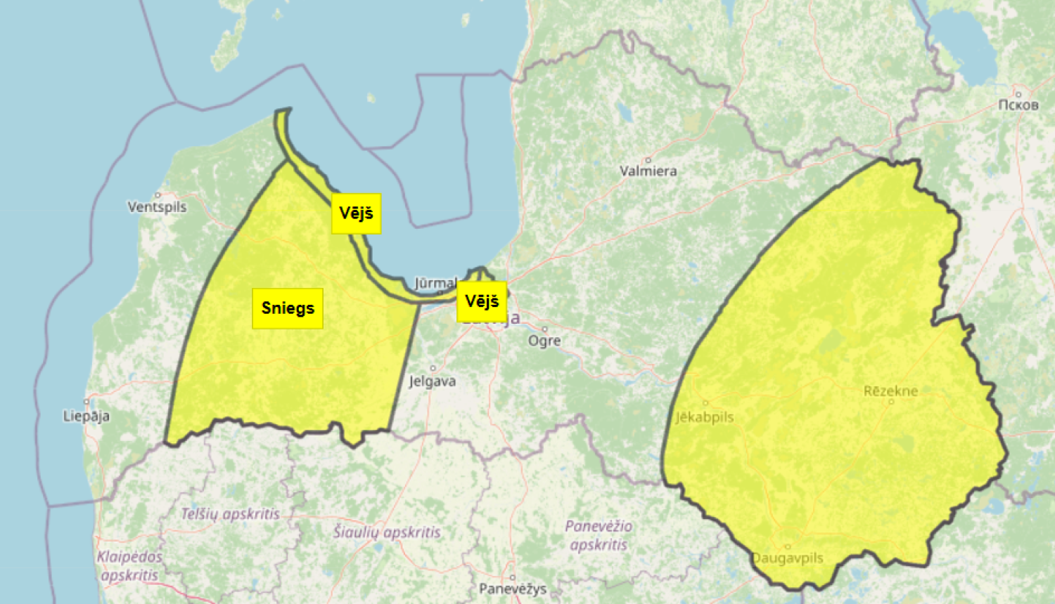 Latvijas rietumu daļā gaidāma spēcīga snigšana un līča piekrastē vēja brāzmas