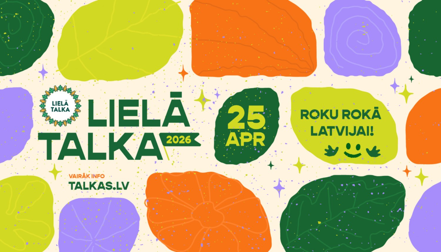 Uzraksts "Lielā talka 2025, 25. aprīlī" ar krāsainiem laukumiem kā dekorāciju