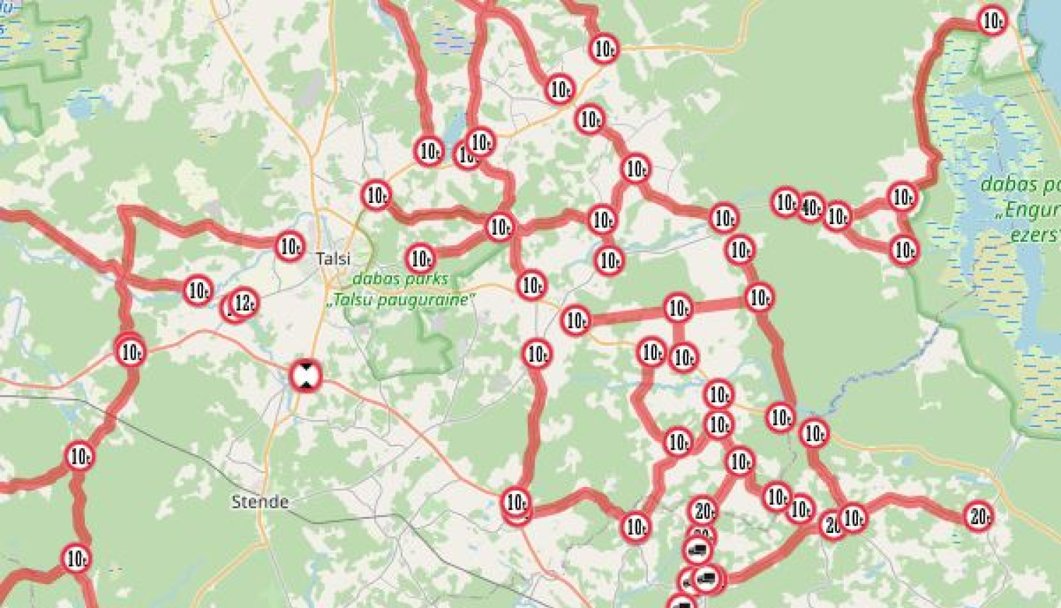 Masas ierobežojumu karte ceļiem Talsu novadā