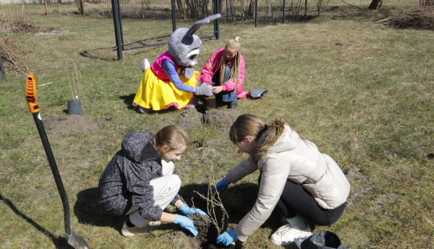 Foto ar skolēniem, kas stāda kokus