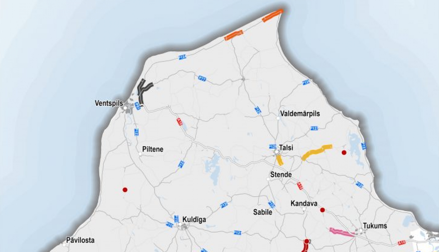 Kurzemes plānošanas reģionā iecerēto valsts ceļu būvdarbu karte
