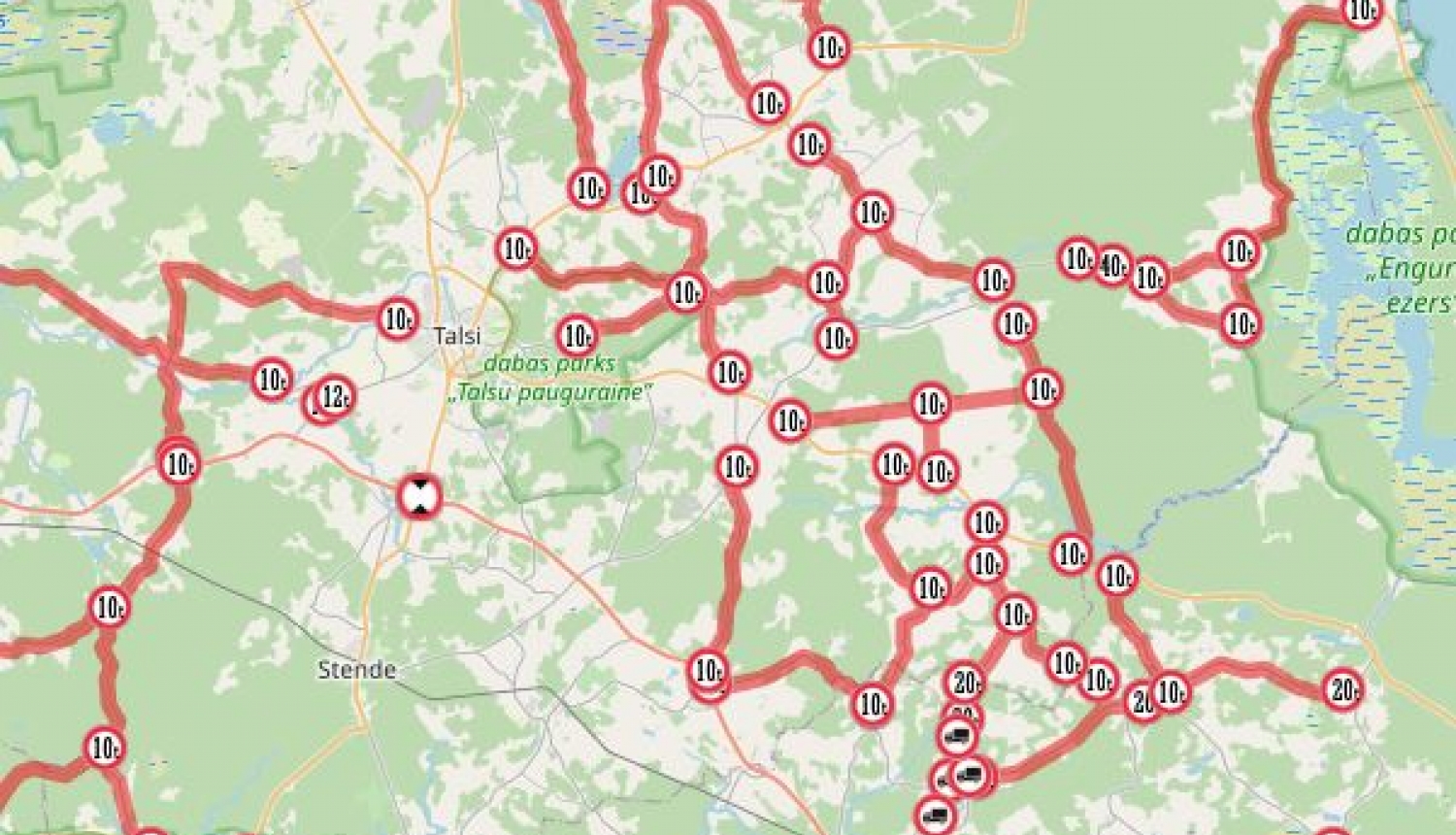 Masas ierobežojumu karte ceļiem Talsu novadā